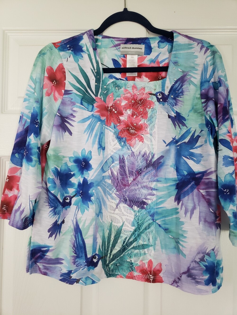 Alfred Dunner Floral Watercolor Hummingbird Scoop Neck Top - Multicolor